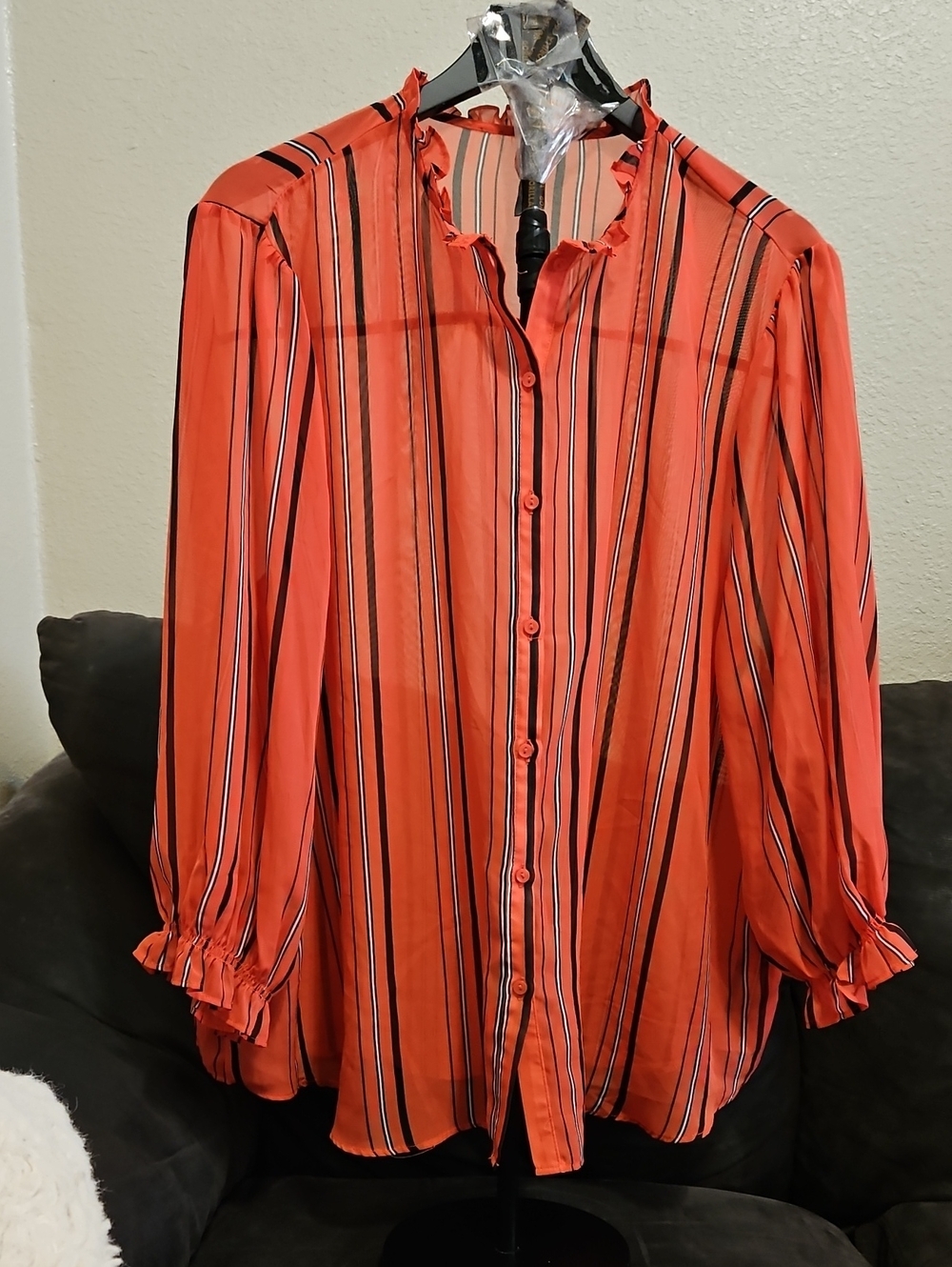 Women's Coral Striped Ruffle-Neck Button-Down Blouse
